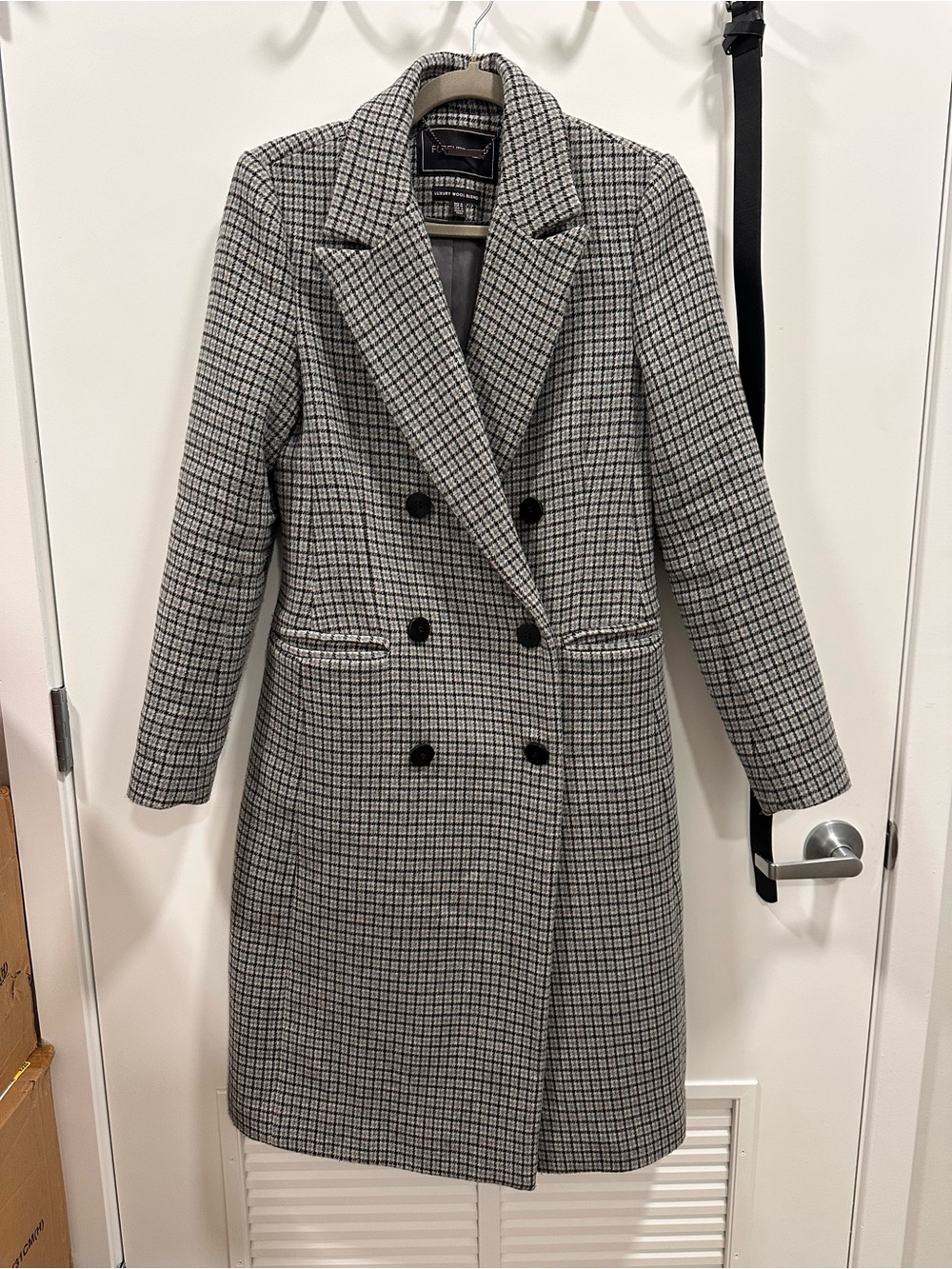 Forever New Black & Gray Check Double-Breasted Pea Coat